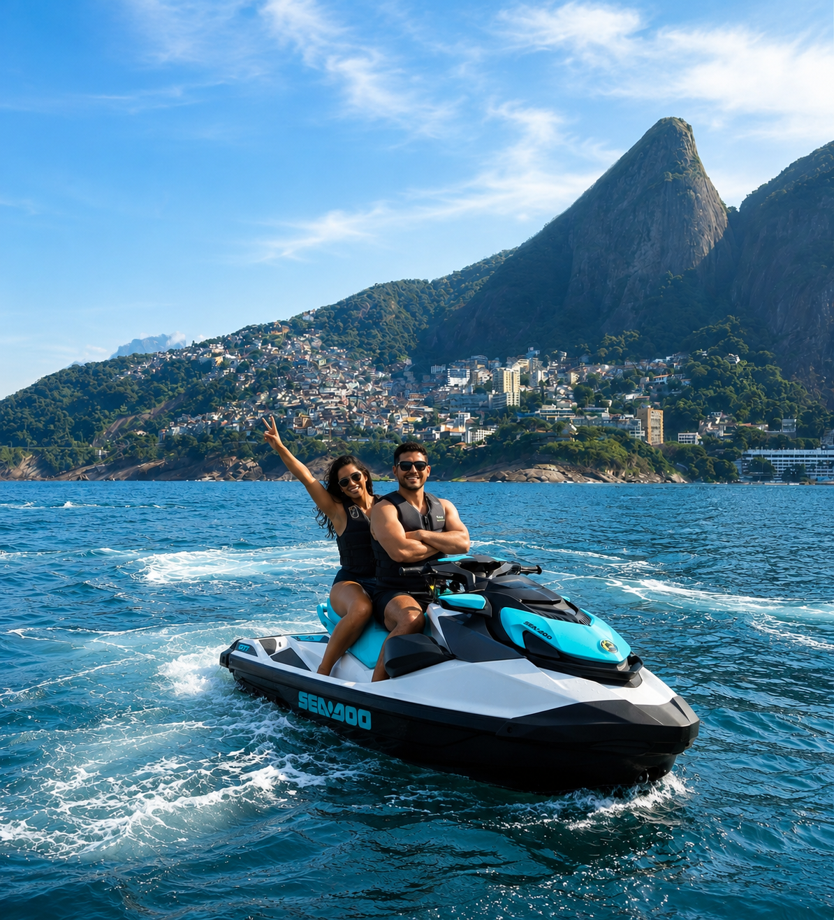 Casal aproveitando o passeio pela costa carioca